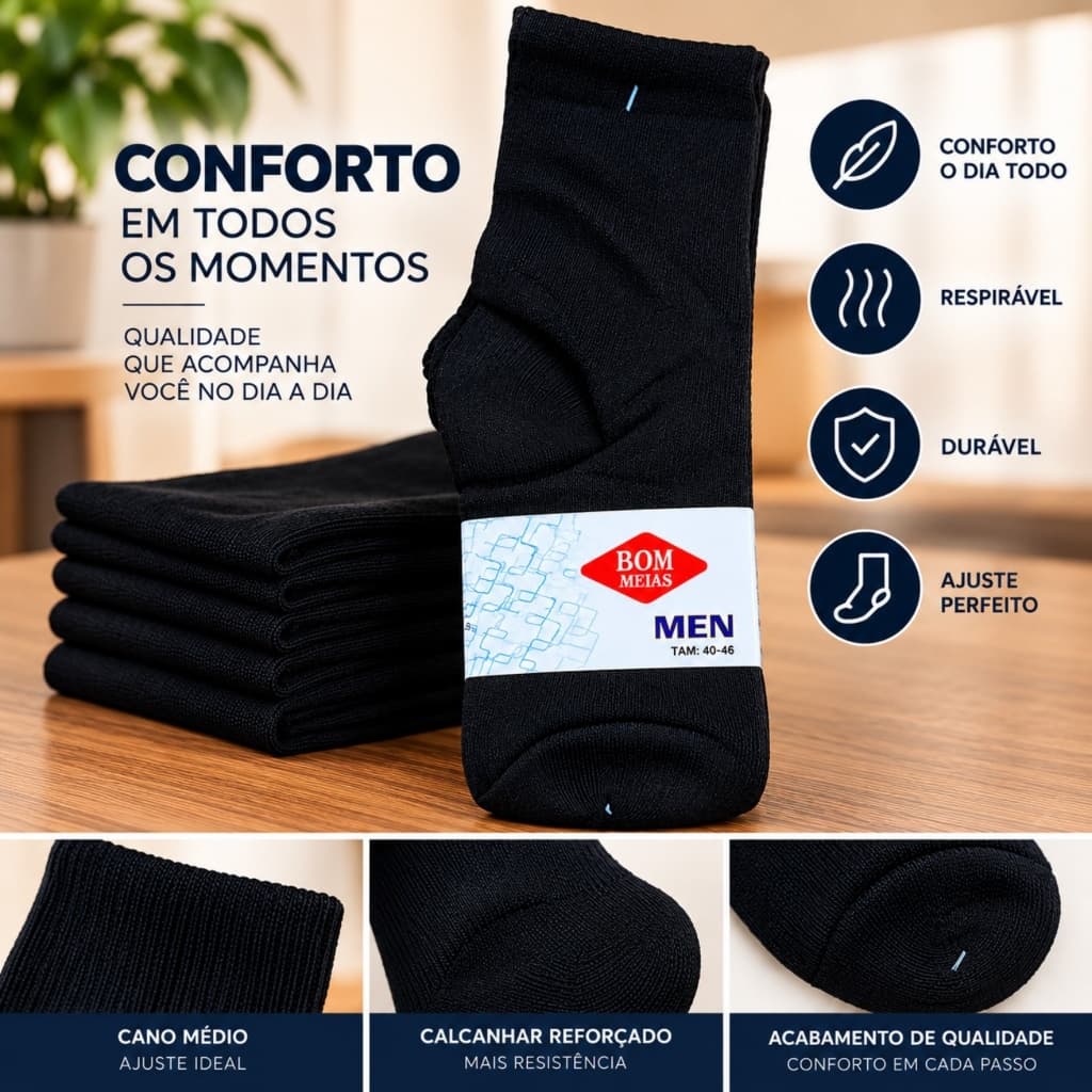 Meia Social Masculina Preta Cano Médio Super Confortável (3, 6 ou 12 Pares)