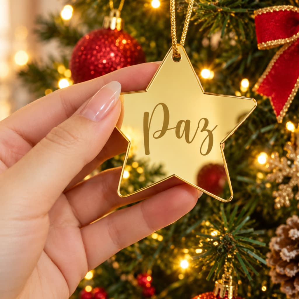 Kit 8 Enfeites Natal 8cm Gravada Decoração Árvore Acrílico Estrela Natalina Luxo
