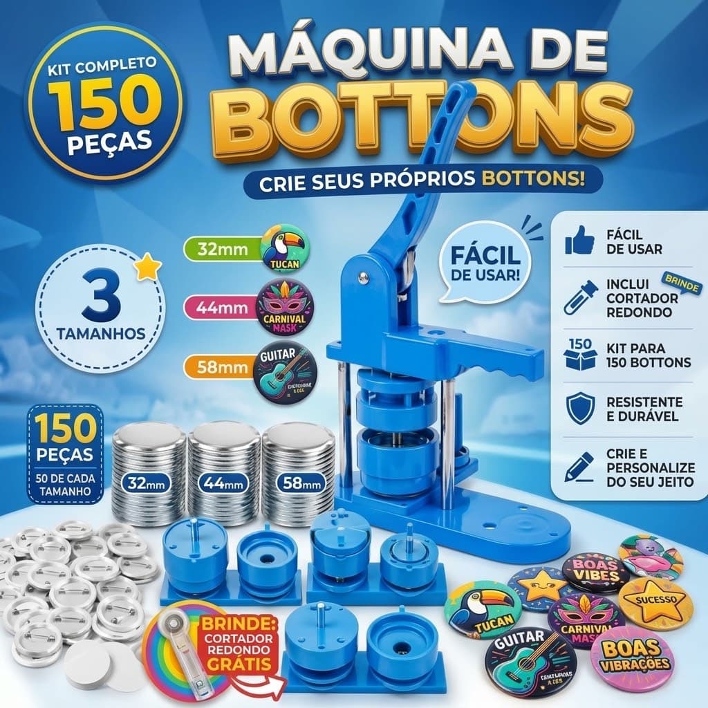 3 Kit Conjunto de Máquina de Botton Broche 32/44/58mm + 150 Jogos de Bottons de Alfinete