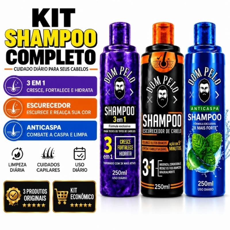 Kit Shampoo Dom Pelo 3 Em 1 Escurecedor Anticaspa Tratamento Capilar
