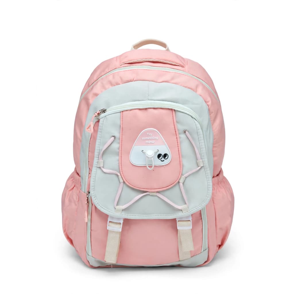 Mochila Escolar Juvenil Casual Rosa e Cinza com Detalhes Estilo "Try Something New" e Bolsos Funcionais