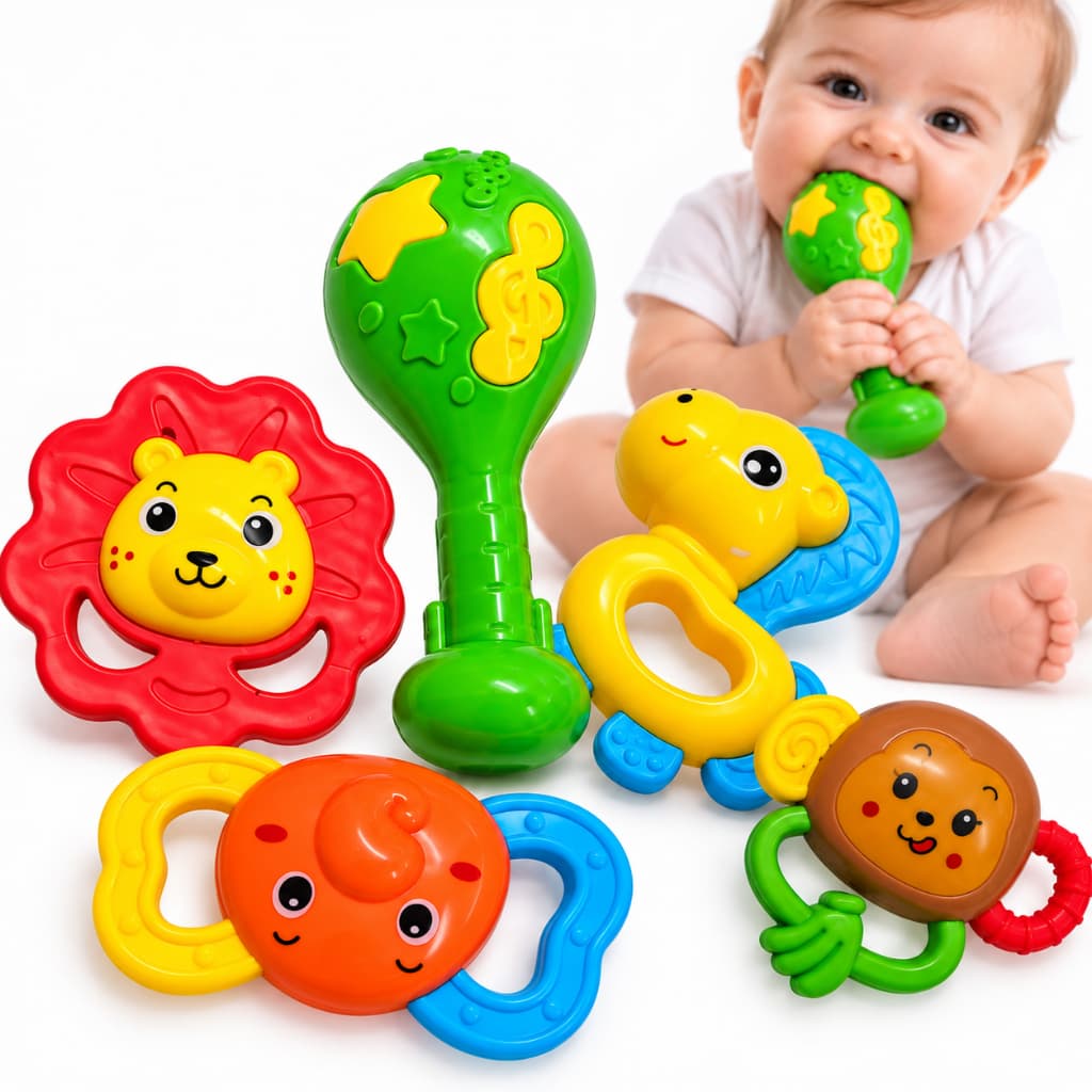 Kit 5 Peças Mordedor para Bebê com Chocalho Brinquedo Sensorial Colorido