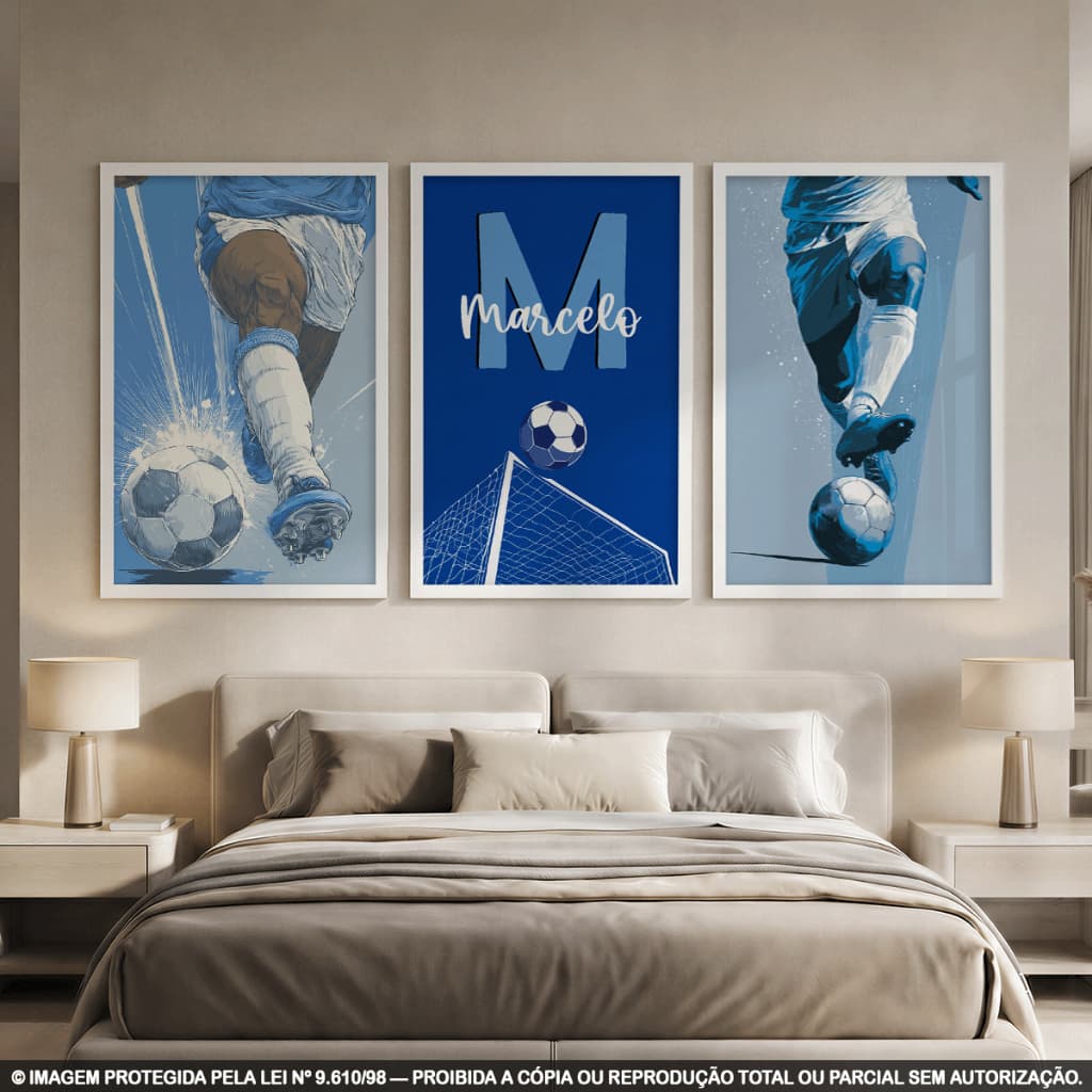 Kit 3 Quadros Decorativos Futebol Personalizado Matheus | Jogador, Bola e Gol | Decoração Quarto Esportivo em MDF 3mm