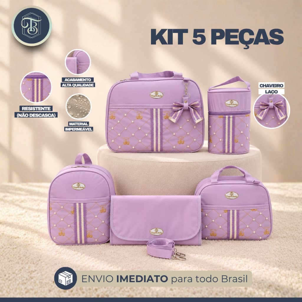 Kit Bolsa Maternidade  Urso Com Perola 5 Peças (lilás)