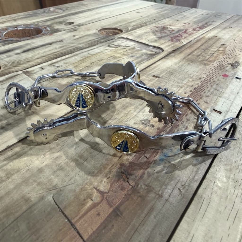Par de espora N Senhora Aparecida em aço inox para cavalo doma cutucadeira montaria equinos e muares + correia em couro
