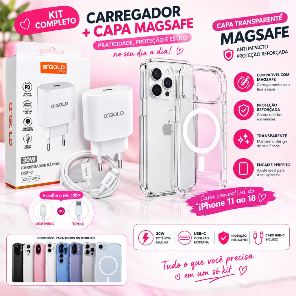 Kit Carregador Completo AGOLD + Capa | Compatível com Todos os Modelos de iPhone