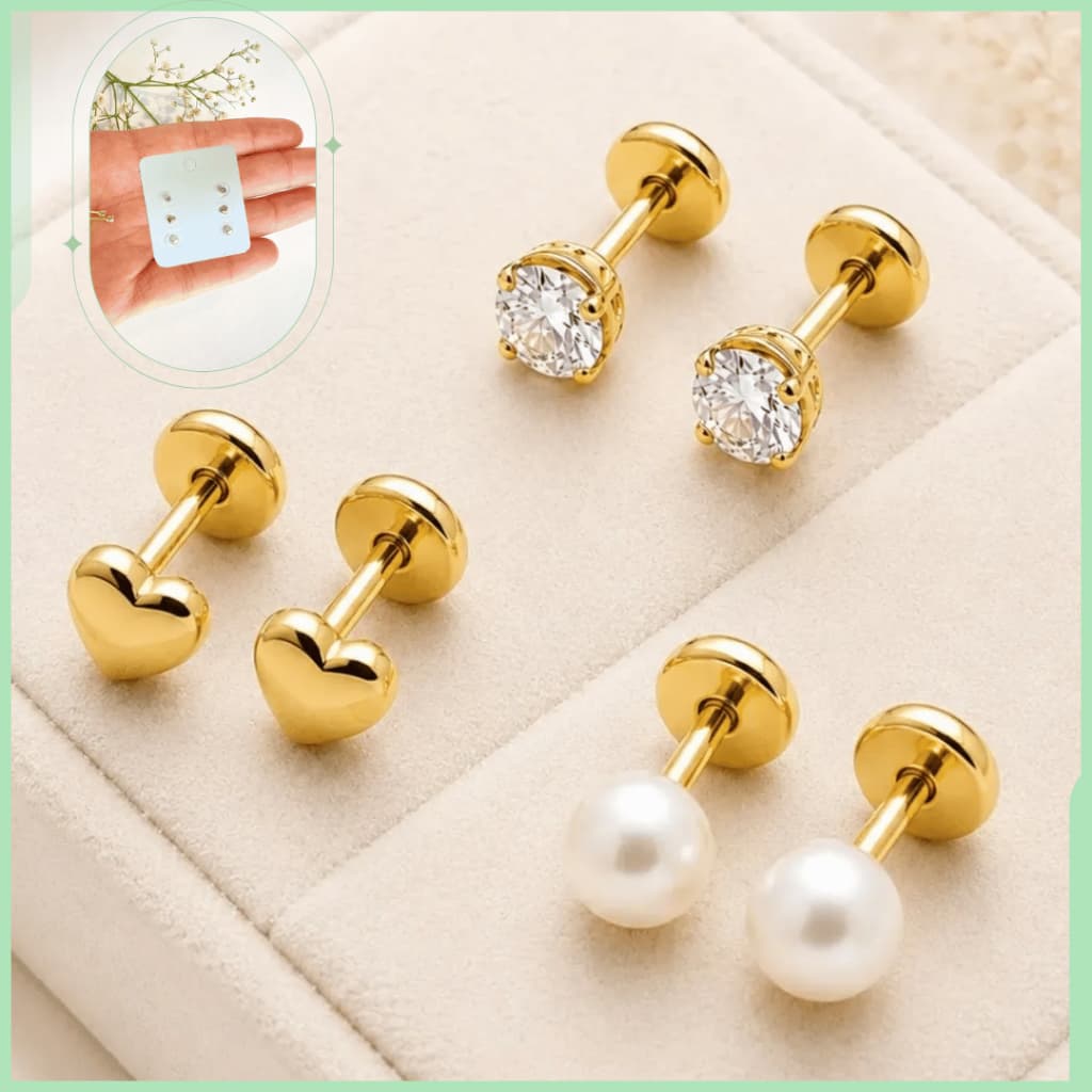 Kit 3 Pares Brinco Recém Nascido Tarraxa  Baby Antialérgico Ouro 18k | Pérola Coração Zircônia