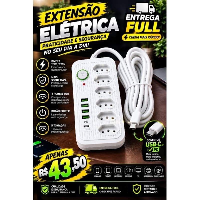 Extensão de Tomadas Inteligente com USB e Carregamento Rápido PD