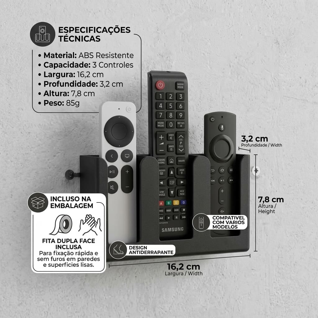 Porta Controle Universal Remoto Suporte Sem Furos TV Dupla Face Parede Ar Condicionado 3 Controles