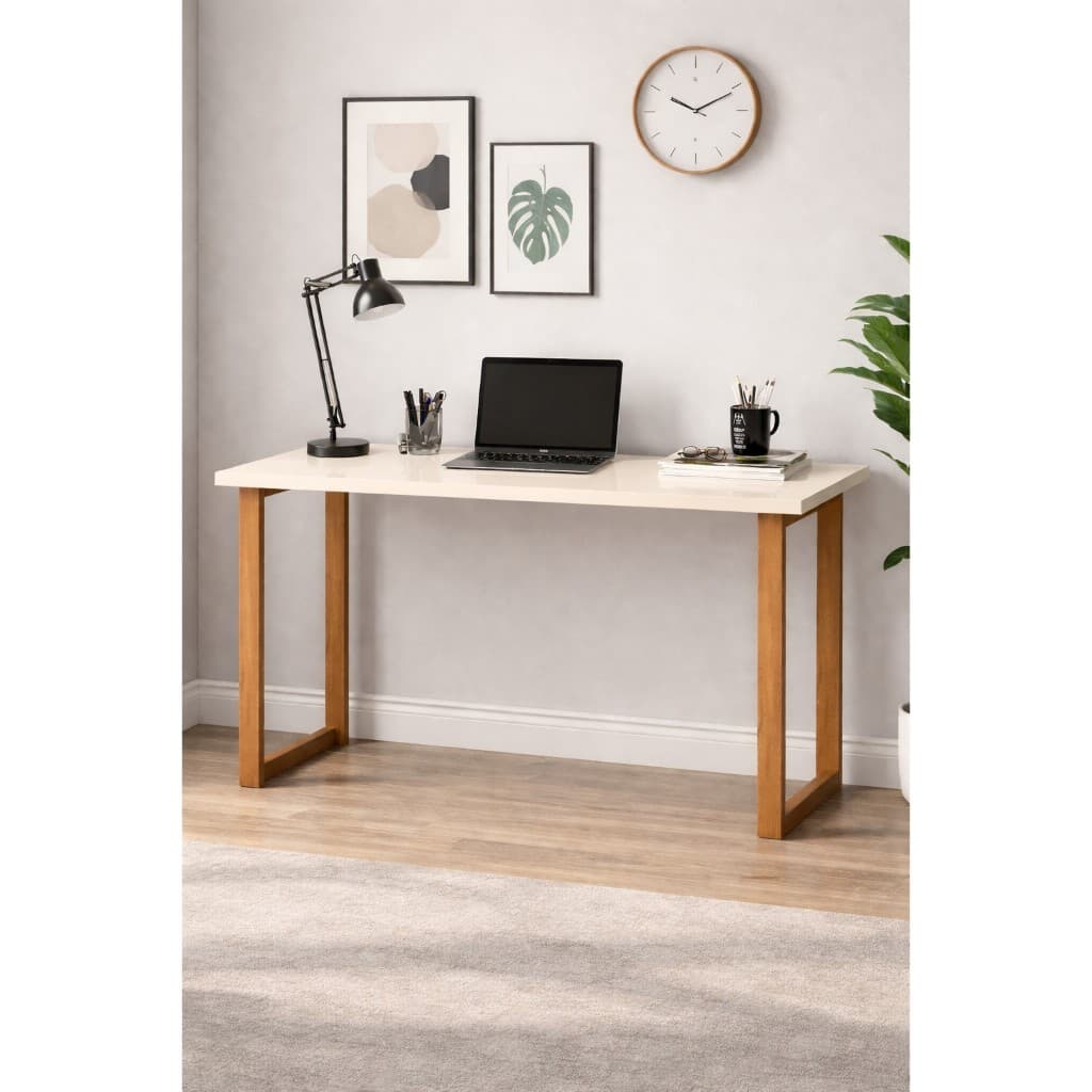 Escrivaninha Home Office 76 cm Off White Pés Madeira Design Moderno
