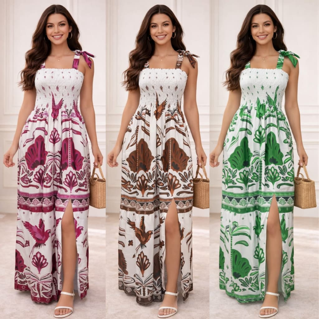 Vestido Tropical Longo Estampado De Alça Com Fenda E Lastex Com Alça Ajustável Tomara Que Caia
