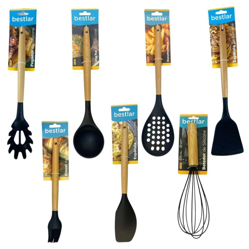 Kit 7 Utensílios de Cozinha de Silicone Preto com Cabo em Madeira - Bestlar