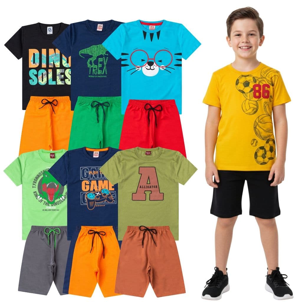 Kit Infantil e Juvenil Menino Verão 2 | 10 Peças – 5 Camisetas + 5 Bermudas ou 1 Camiseta + 1 Bermuda | Do 1 ao 16