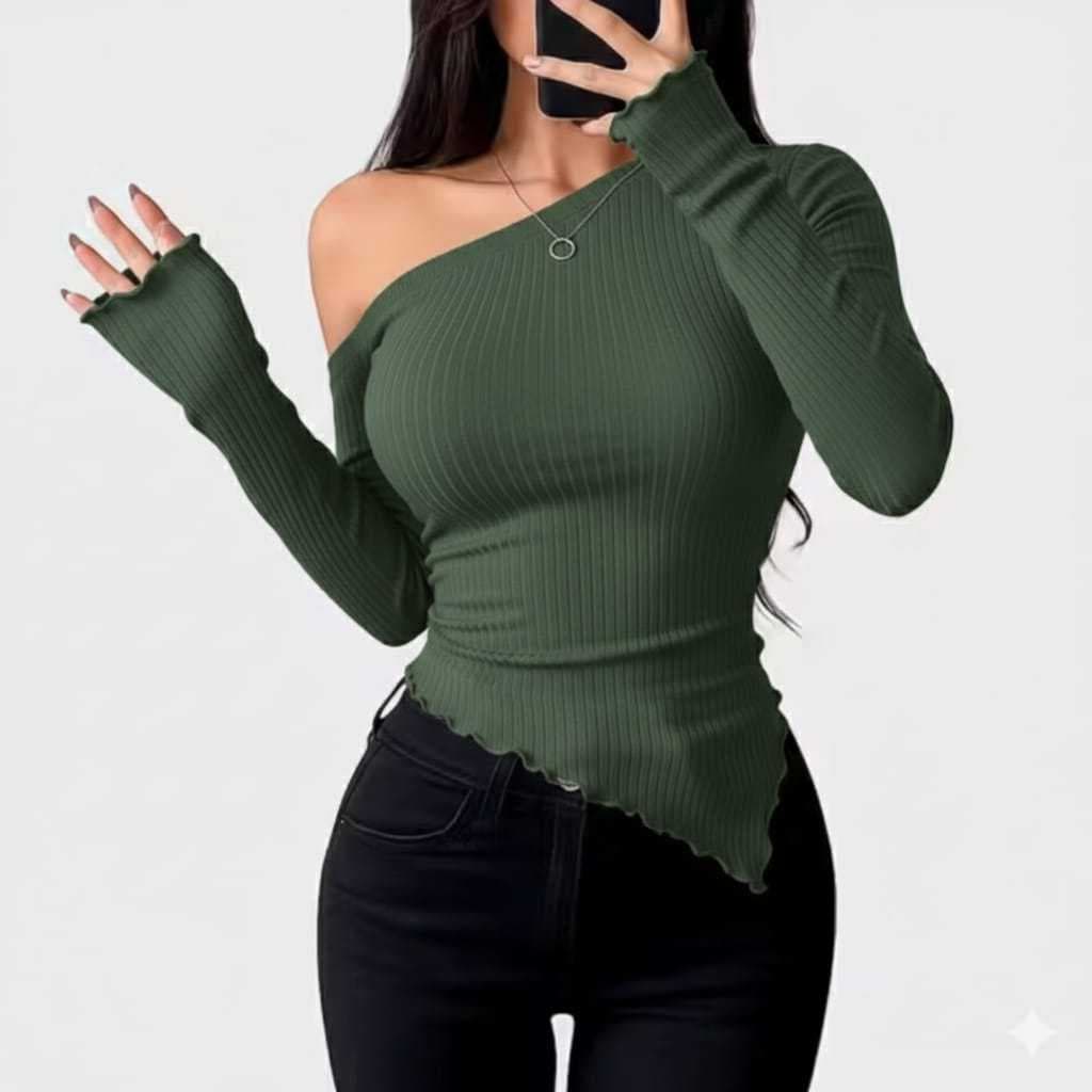 Blusa Assimétrica Canelado Feminina Manga Longa Barra Lenço Moda Verão. Casual e Elegante Confortável