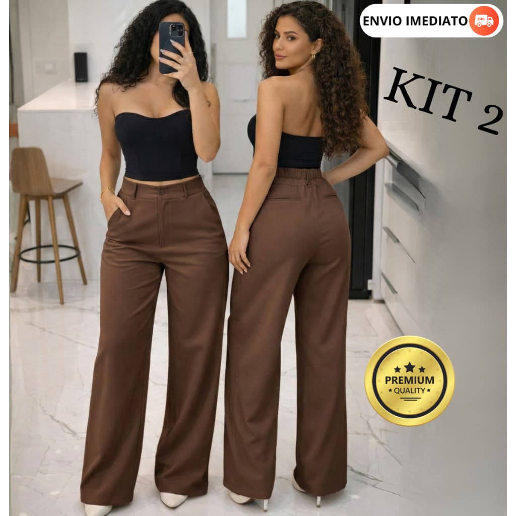 kit 2 Calça Pantalona Alfaiataria Com Bolso Premium Cintura Alta PROMOÇÃO