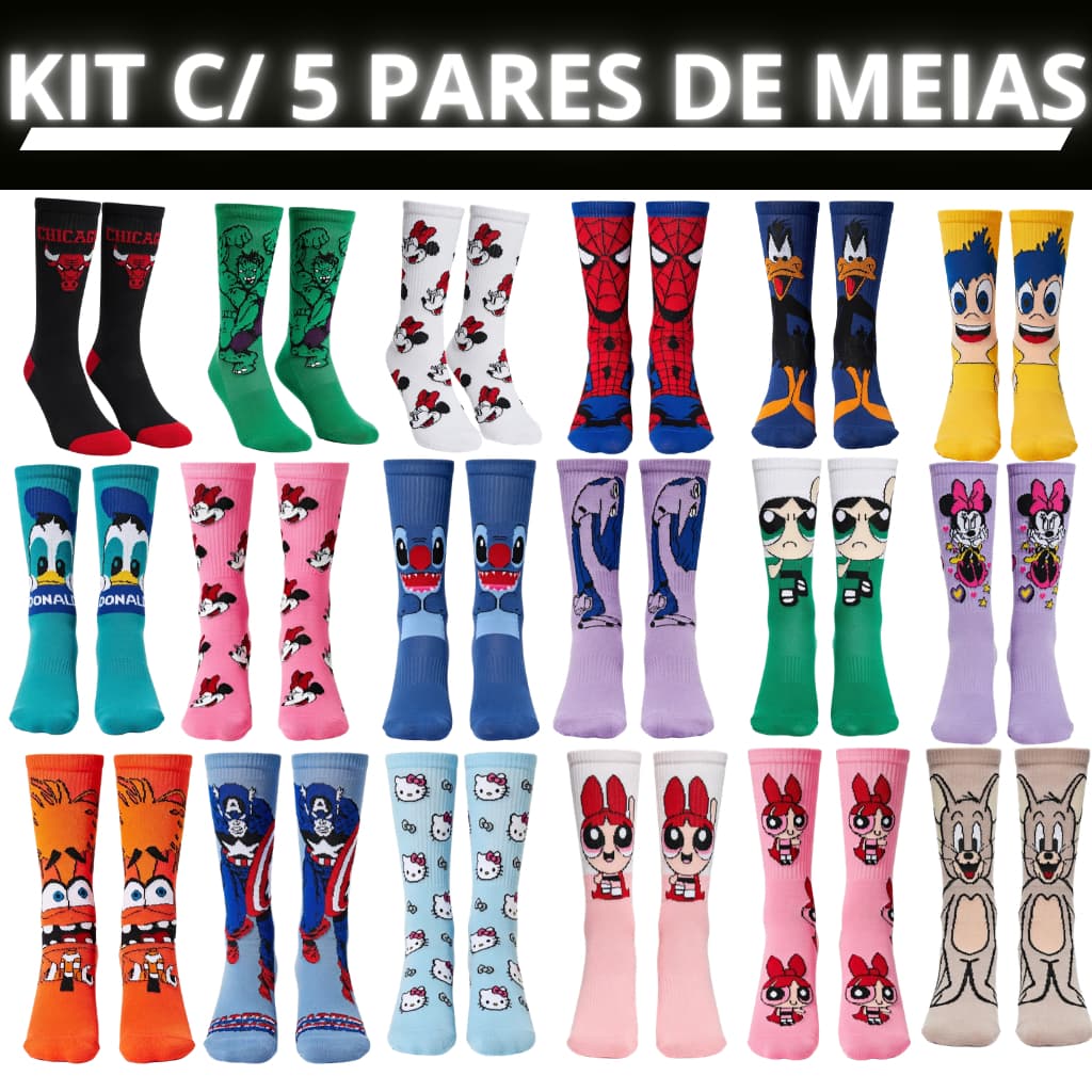 Kit 5 Pares De Meia Estampada Estilosa Divertida Um Luxo