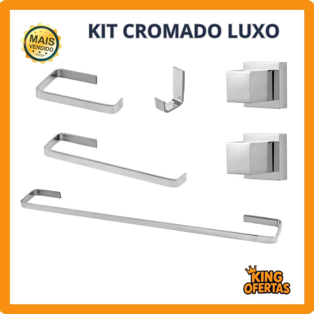Kit Cromado Quadrado Acessórios p/ Banheiro + 2 Acabamento Cromado Metal tipo Deca - Fino Acabamento