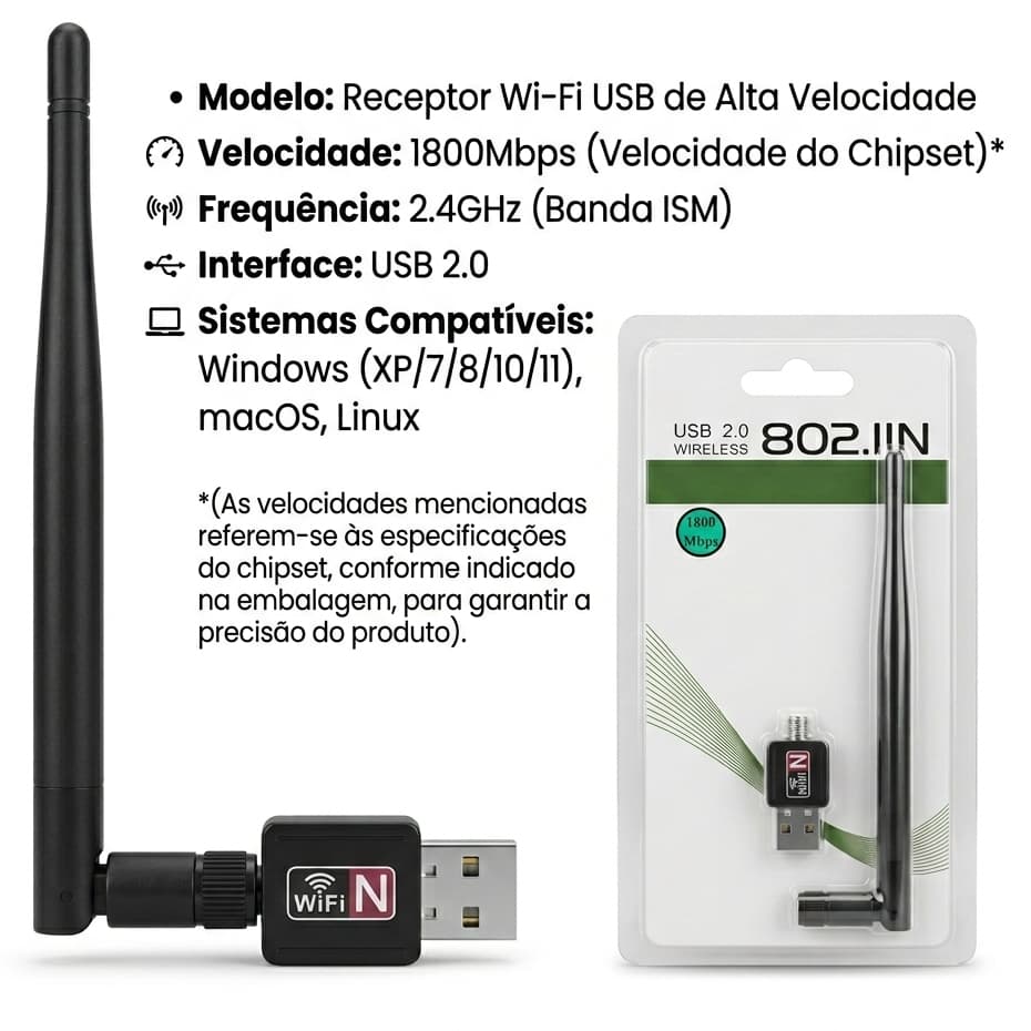 Antena Adaptador Wifi Receptor Wireless USB Para Rede Sem Fio Pc Notebook 1800Mbps - Promoção Natal