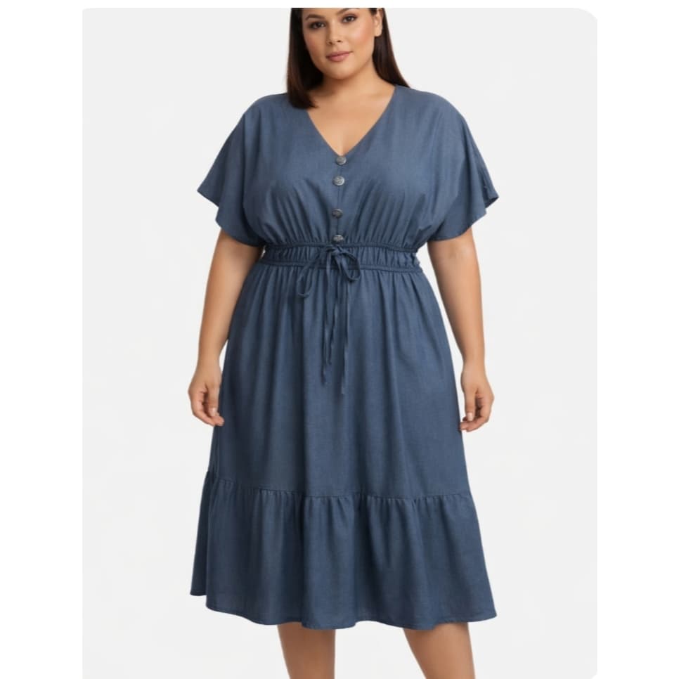Vestido Pluz Size Midi  tamanho G1 em três cores  azul preto verde bebê  acinturado botões frontais
