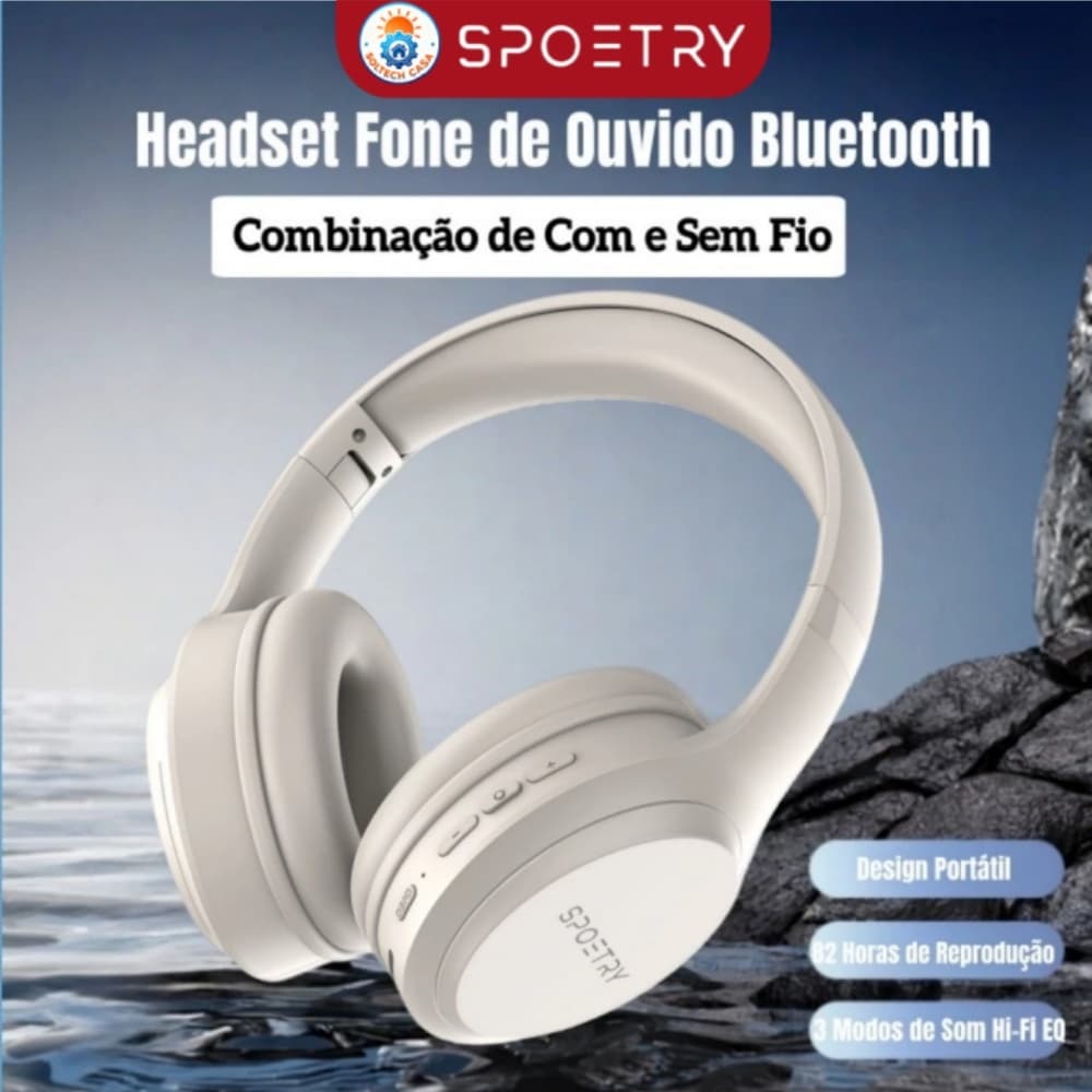 Fone De Ouvido Bluetooth  com Longa Duração, Confortável e Elegante Compatível com Android, iOS e PC SPOETRY