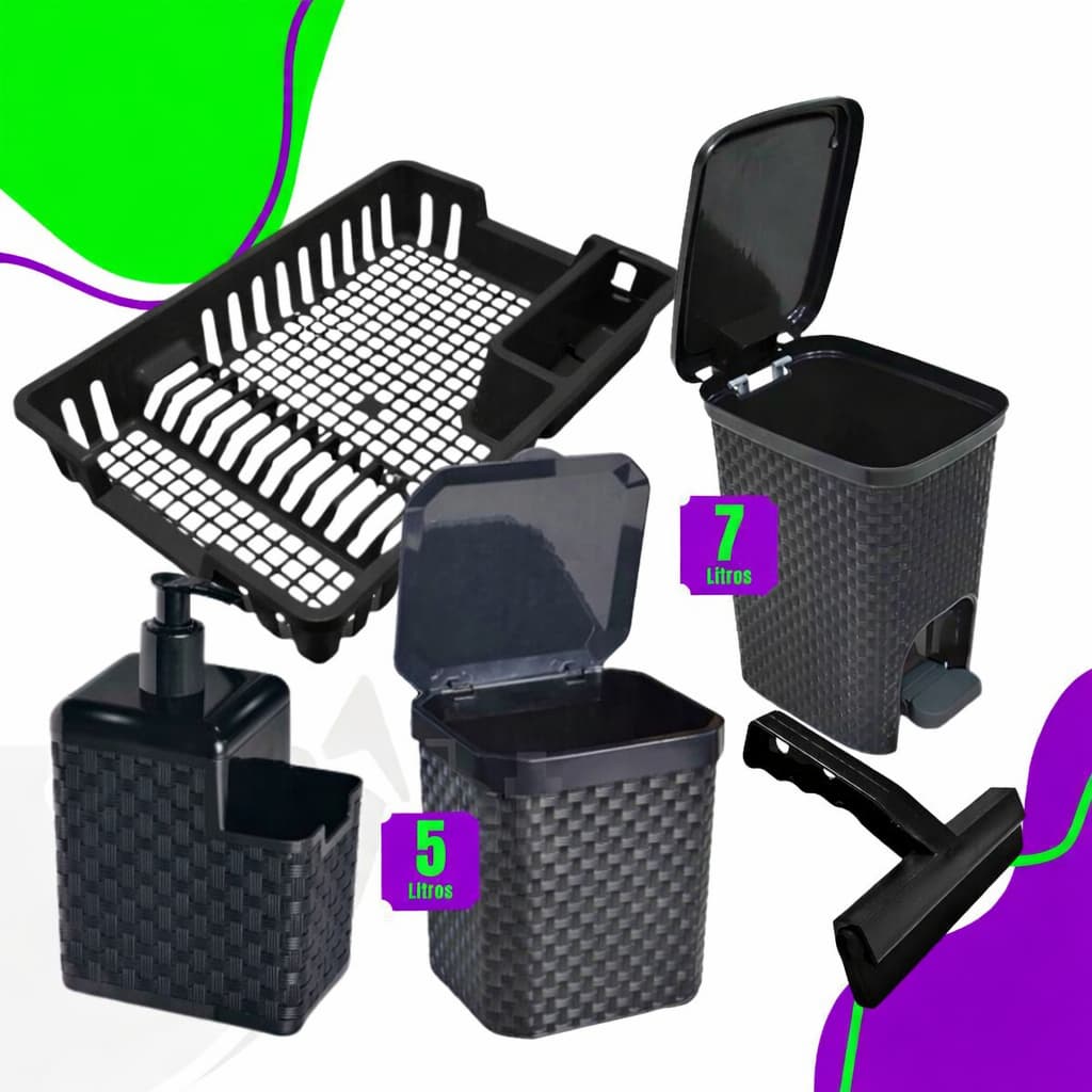 Kit Cozinha Rattan Multiuso com Lixeira, Porta Detergente, Rodo e Escorredor – Organizador para Pia e Casa - 3/4/5 Peças