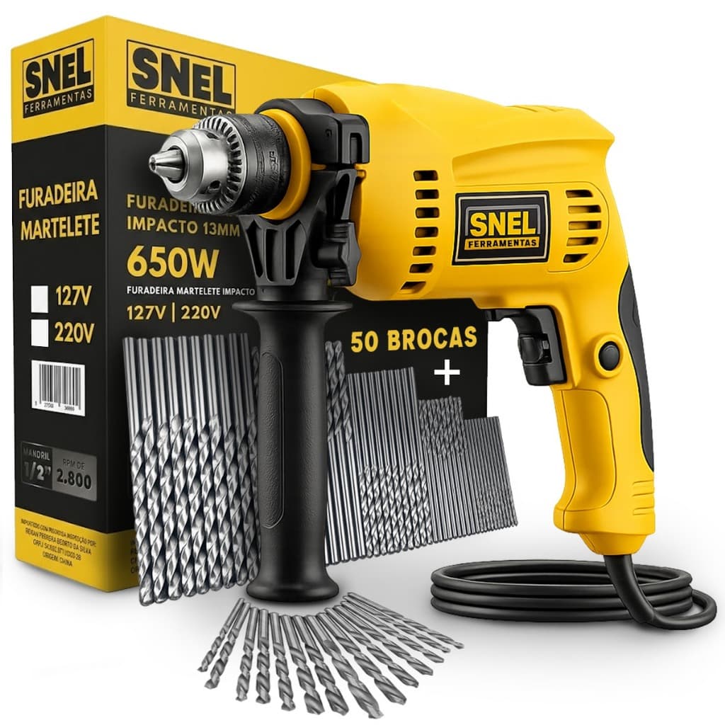 Furadeira Parafusadeira Impacto Martelete 650W Mandril 1/2 127V OU 220V Com Kit 50 Brocas
