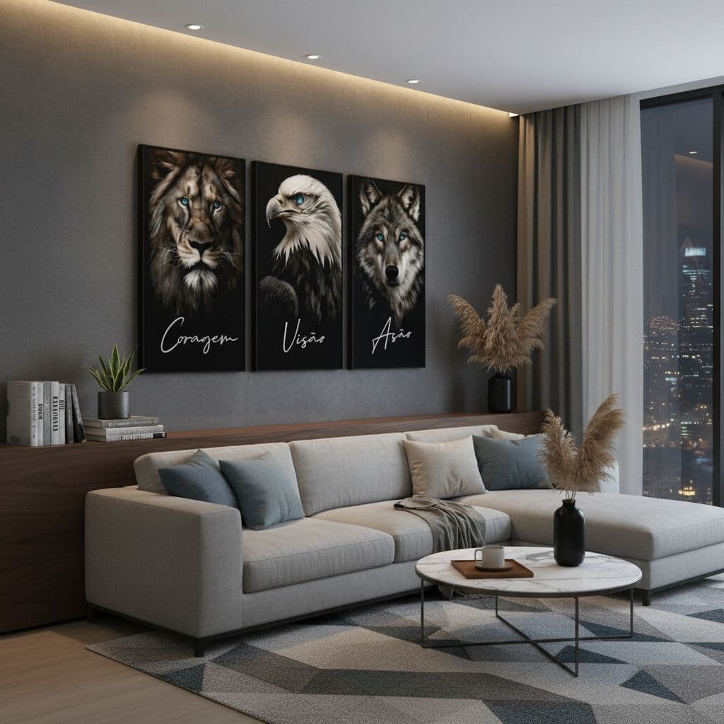 Kit 3 Quadros Decorativo Nunca Foi Sorte Sempre Foi Deus Leão Judá Motivacionais Quarto Escritório