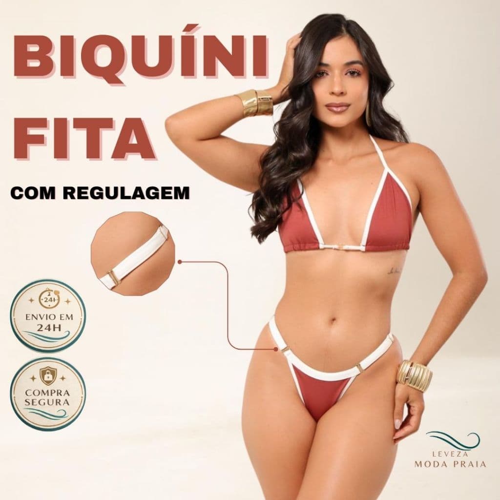 Biquíni FITA Golden Açaí (Vinho) com Branco Conjunto Regulável com Detalhe Dourado  Moda Praia