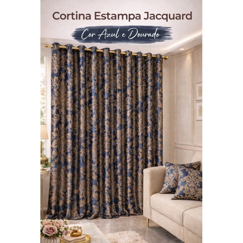 Cortina grande Estampa Jacquard Azul e Dourado luxo 3 metros (3,00 x 2,80)