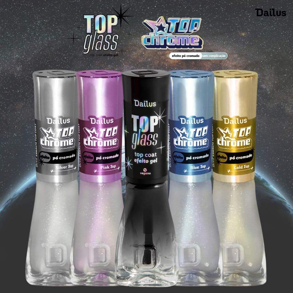 Dailus Top Coat Top Chrome Esmalte Efeito Borboleta Pó Cromado Lançamento Top Glass Efeito Gel