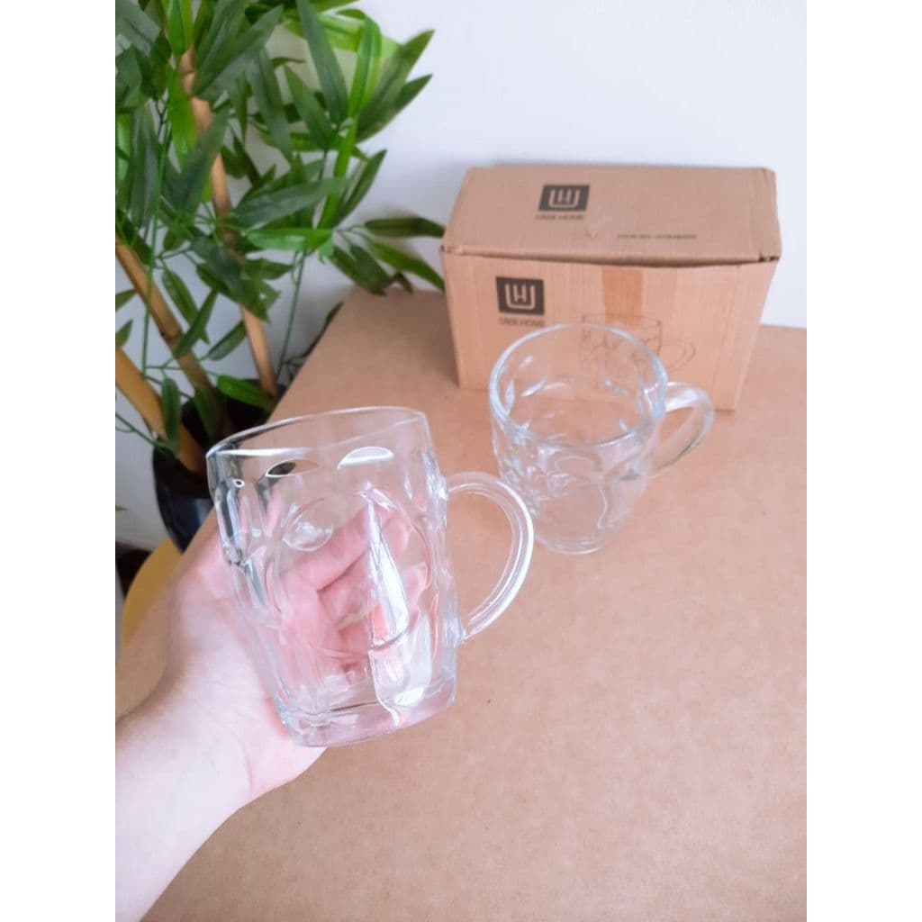 conjunto 2 canecas de chopp grande em vidro quadriculado