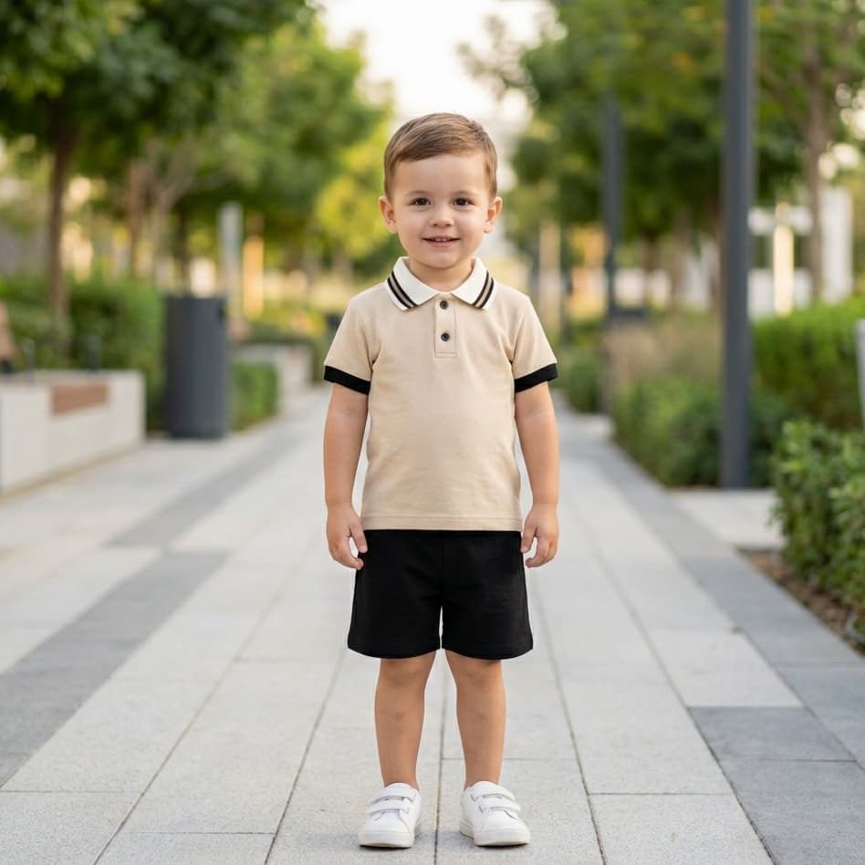 Conjunto Polo Menino Casual Chique bege verão manga curta