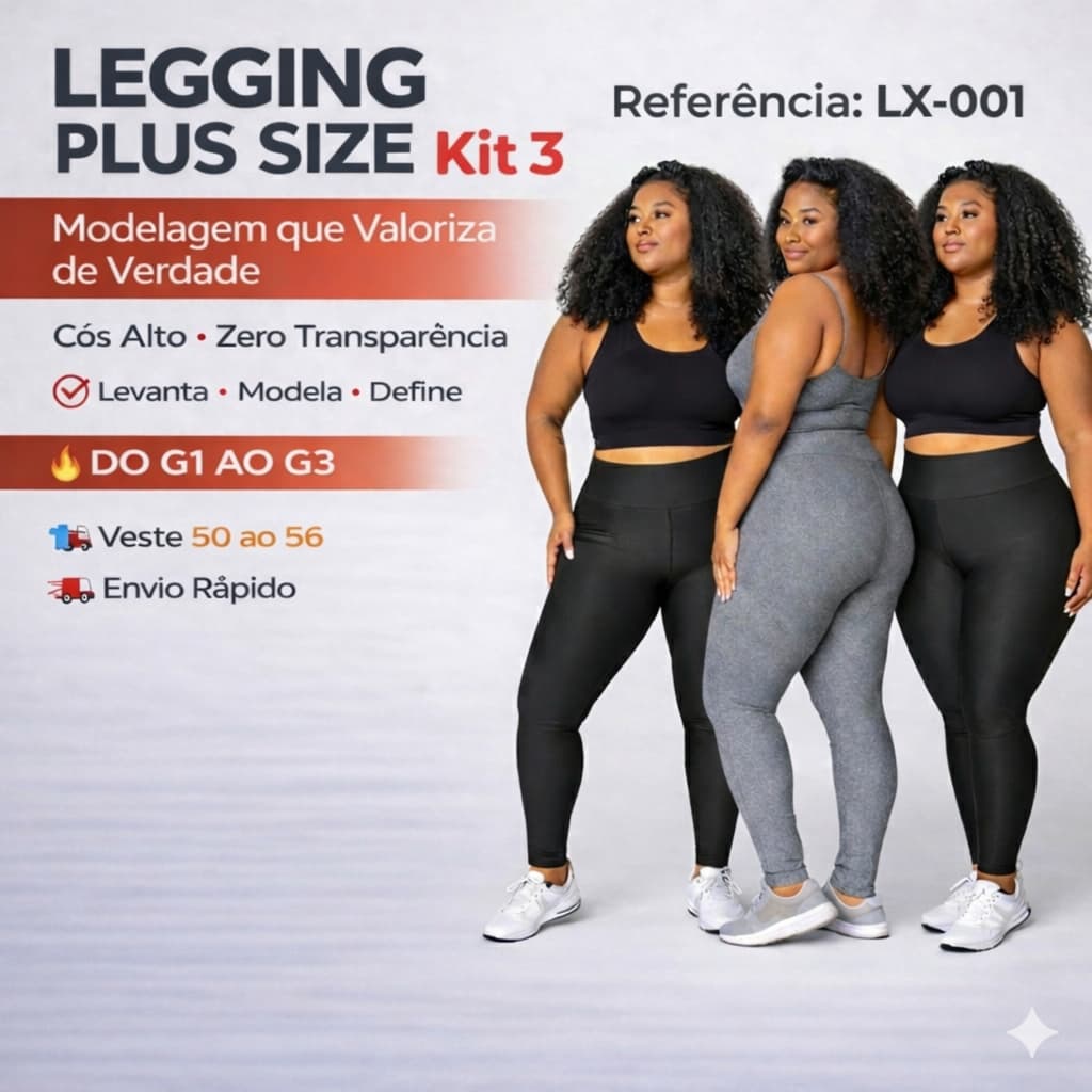 Kit 3 Calças Legging Plus Size Feminina Cós Alto Suplex Academia Fitness G1 G2 G3
