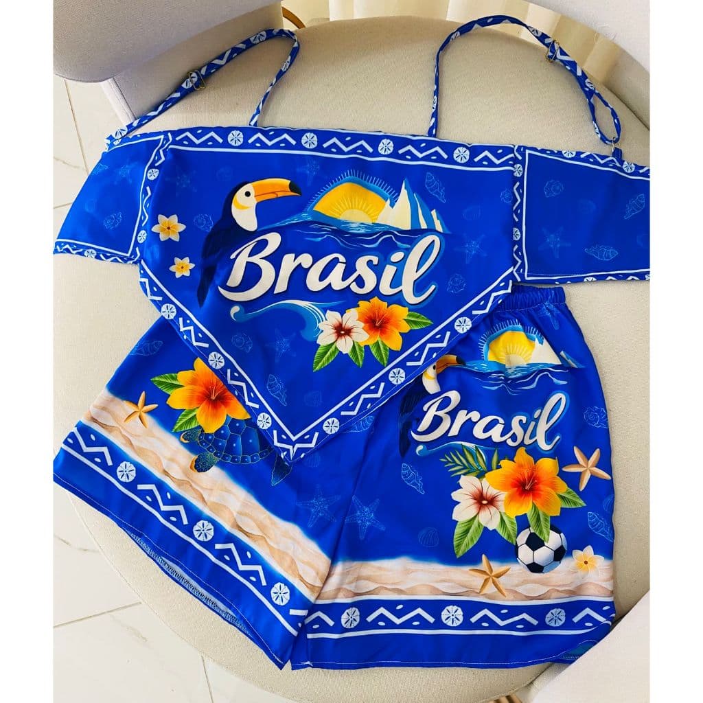 Conjunto Lenço Feminino Estampa Brasil Duas Peças Short e Cropped Lenço Estilo Bandana Lançamento Copa2026