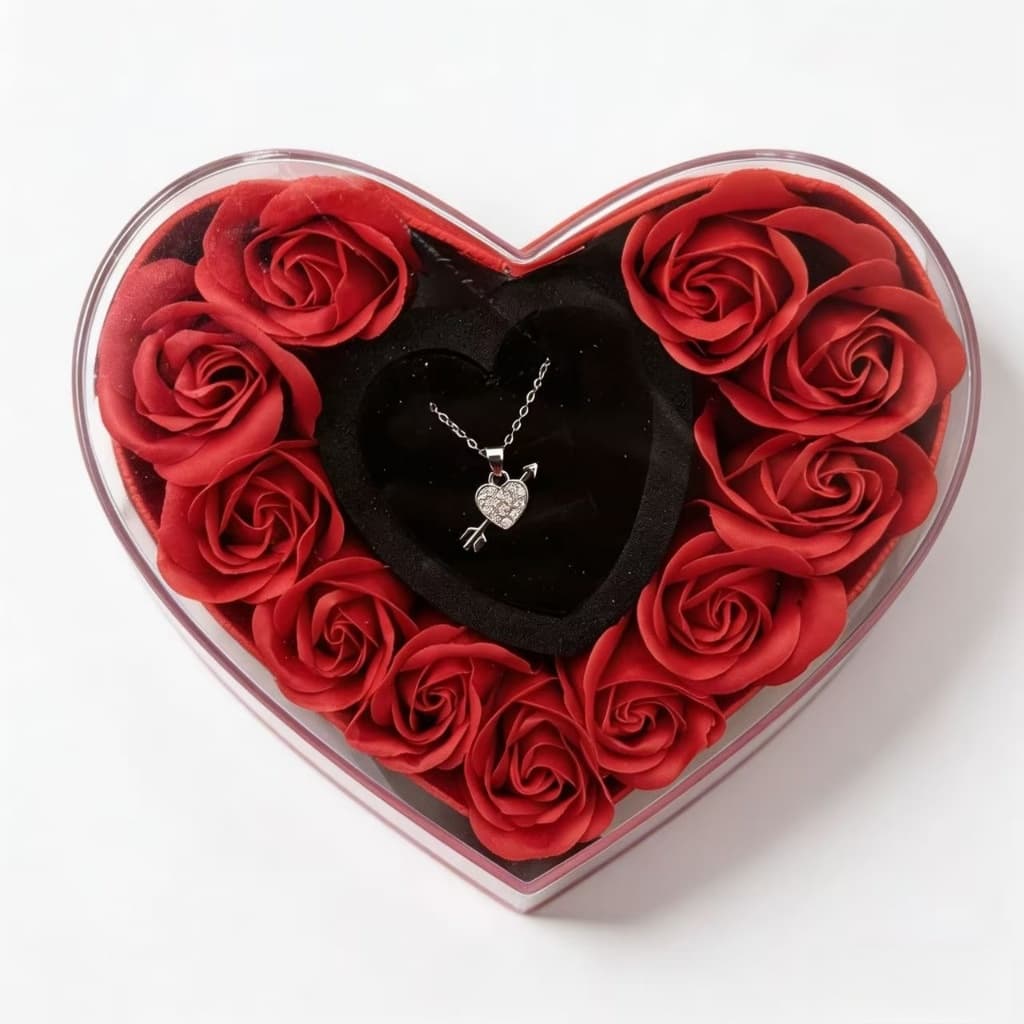 Coração com Rosas e Colar Amor – Presente Dia dos Namorados e Dia das Mães