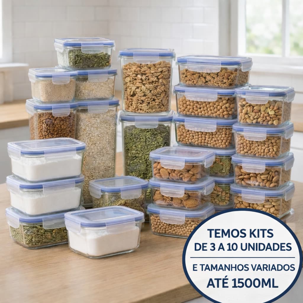 Potes Hermético Vidro Borossilicato 370 640 1040 1500ml Kits 3 e 5 Marmita Premium Retangular