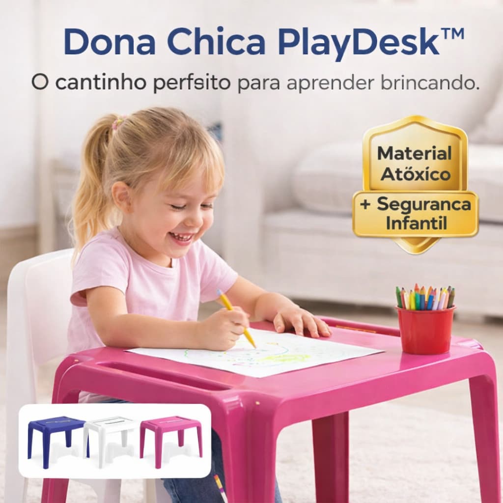Mesa Infantil Tramontina Dona Chica PlayDesk – Mesa Infantil Educativa Azul, Rosa ou Branca