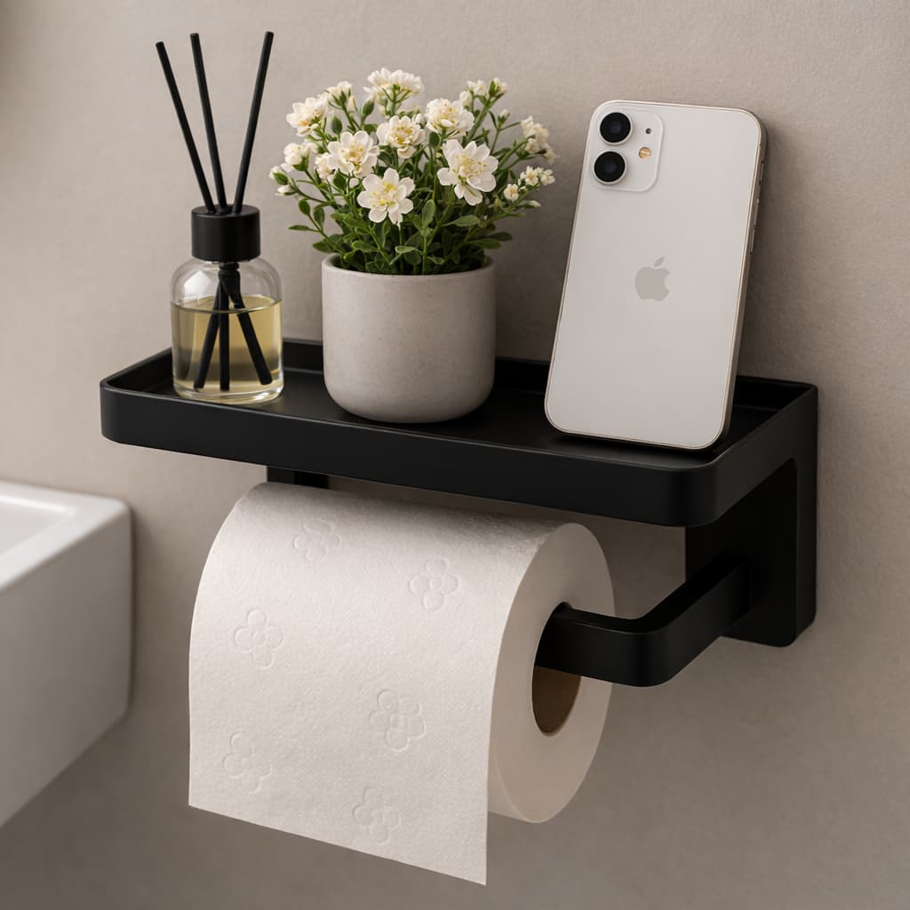 Suporte Papel Higiênico Preto Metal Reforçado para Banheiro – Fixação Forte
