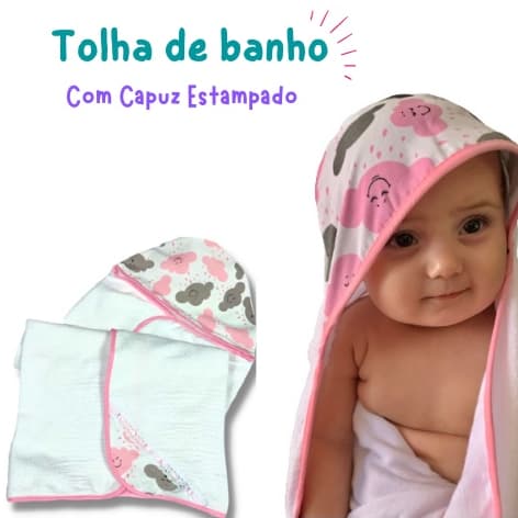 Toalha de Banho Bebê Dupla Face Com Capuz Forrada com Fralda Diversas Estampas Infantil