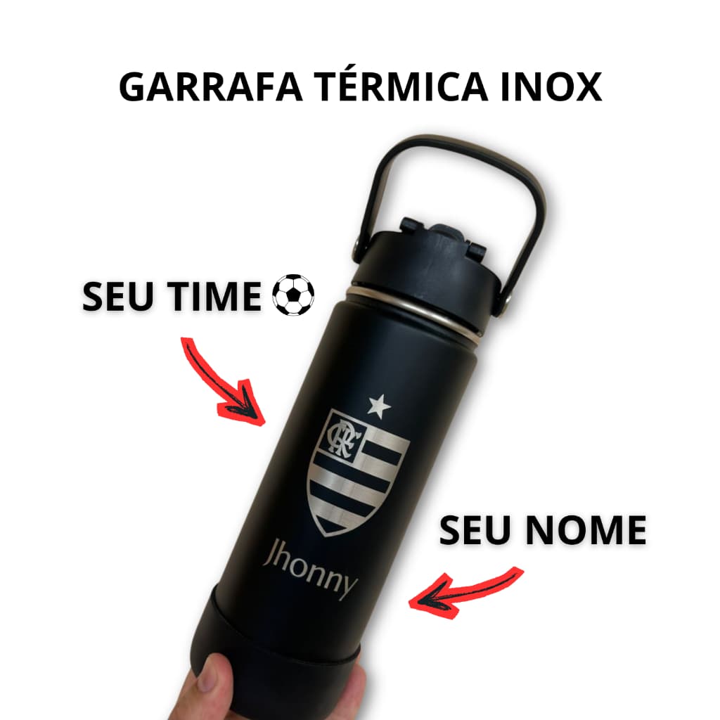 GARRAFA TERMICA INOX BICO DUPLO 550 E 350ML TIMES + NOME PERSONALIZADO -  FUTEBOL PRESENTE ACADEMIA