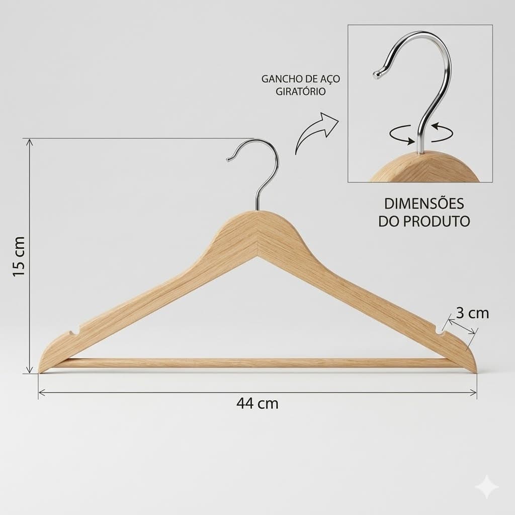 Cabide de Madeira Com cavas Roupas Envernizado Reforçado Super Liso