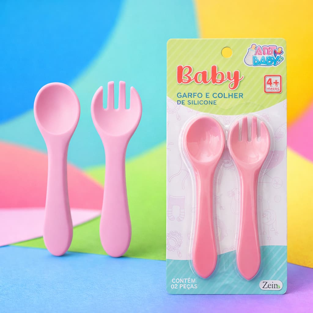 Conjunto de Talher Infantil Garfo Colher Silicone para Alimentação Infantil Bebê