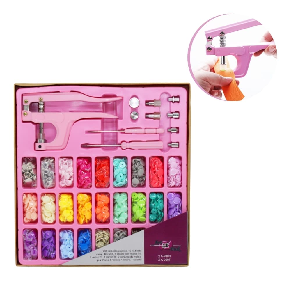 Alicate Aplicador Botões Pressão Tic Tac Plástico e Metal Kit Completo Costura Artesanato