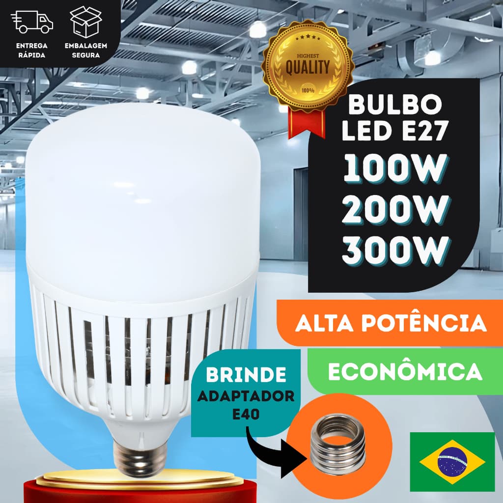 Lâmpada LED Super Bulbo Alta Potência 100w 200w 300W E27 Bivolt 6500K Branco Frio Industrial Galpão