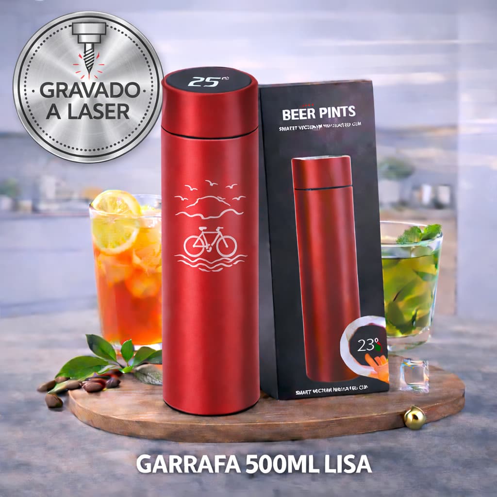 Garrafa Térmica 500ml Inox com Display LED | Inteligente, Personalizada a Laser, 12h Quente/Fria
