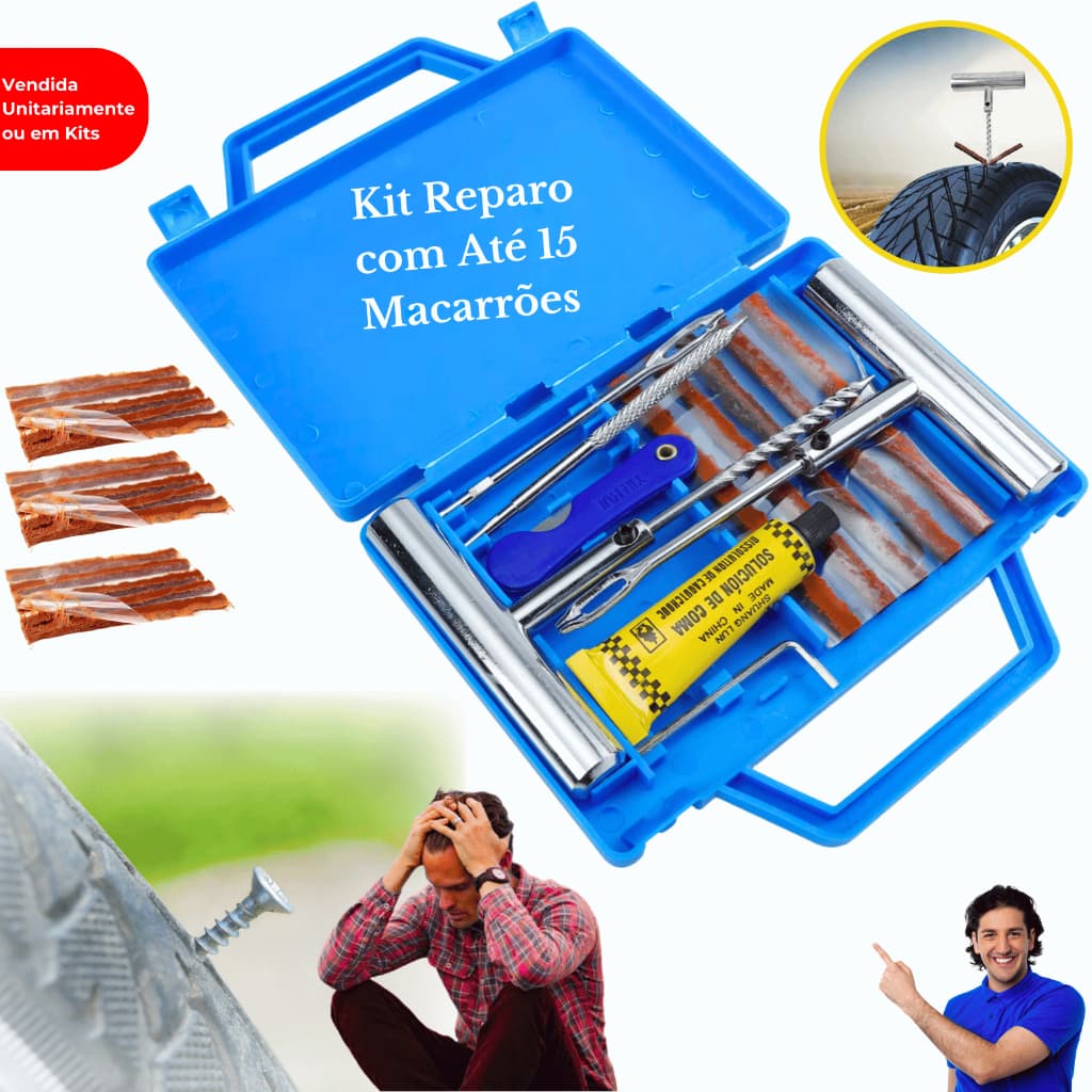 Kit Maleta Reparo Pneu Sem Câmara Remendos Carro E Moto Remendo Metal Macarrão Refis Motos