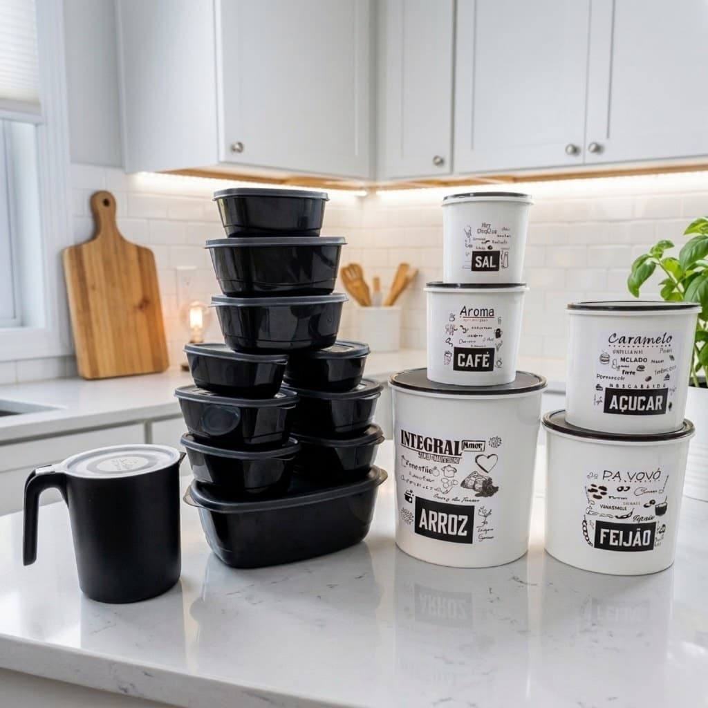 Pote Porta Mantimentos Plástico + Conjunto com Potes e Jarra 1,8L