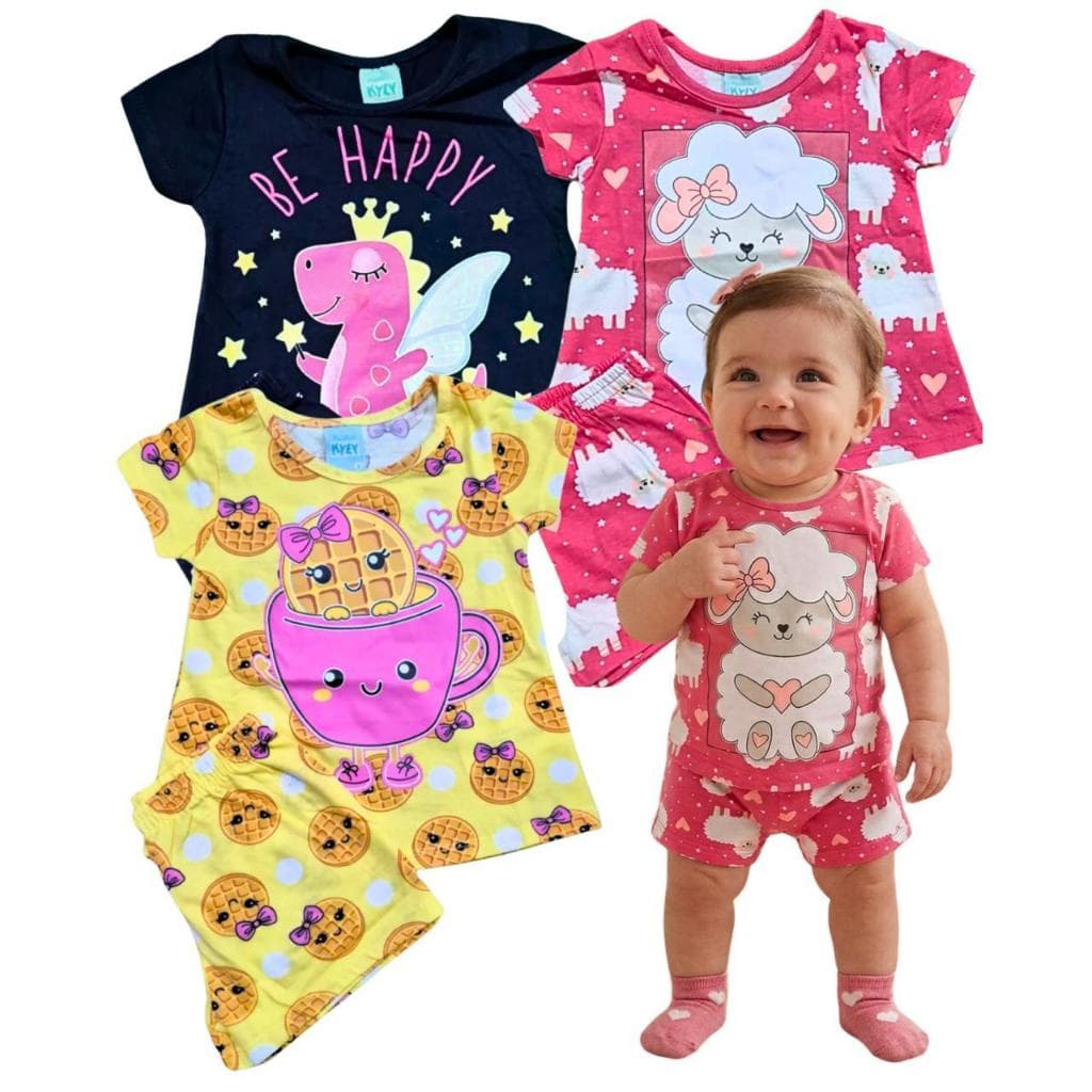Kit Com 3 Conjuntos Pijamas Kyly Feminino Verão 1 Ano Estampas Variadas