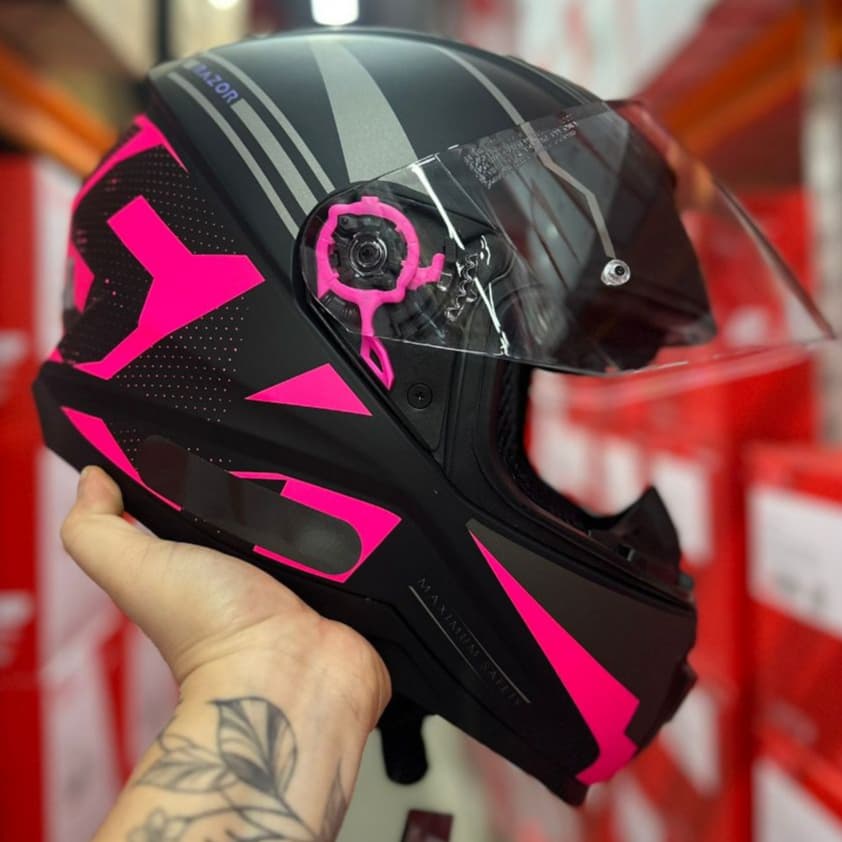 CAPACETE NORISK FEMININO RAZOR FULL ORIGINAL PRETO/ROSA + VISEIRA CRISTAL