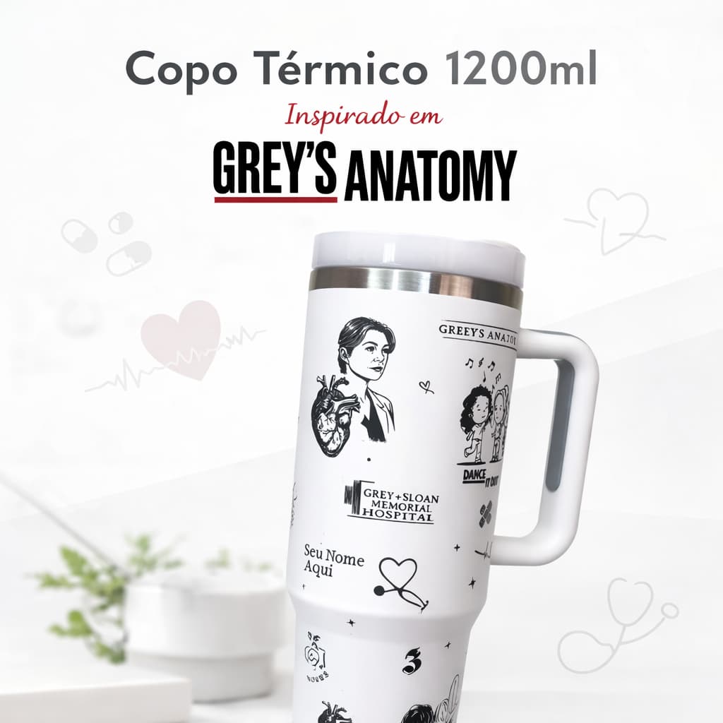 Copo Térmico 1200ml Greys Anatomy  Com Tampa E Canudo e com opção de Nome Gravado